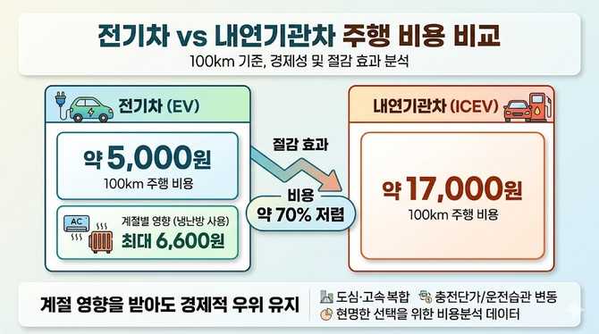 전기차와 내연기관차 연비 비교: 100km 주행 비용 차이와 실제 절감 효과
