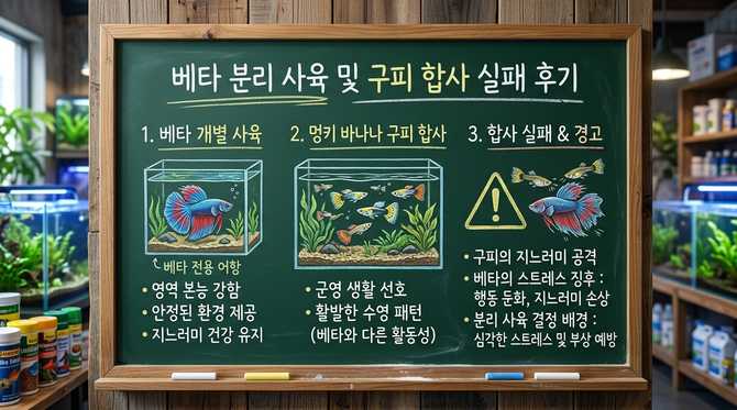 베타 물고기 분리 사육과 몽키바나나 구피 합사 실패 후기