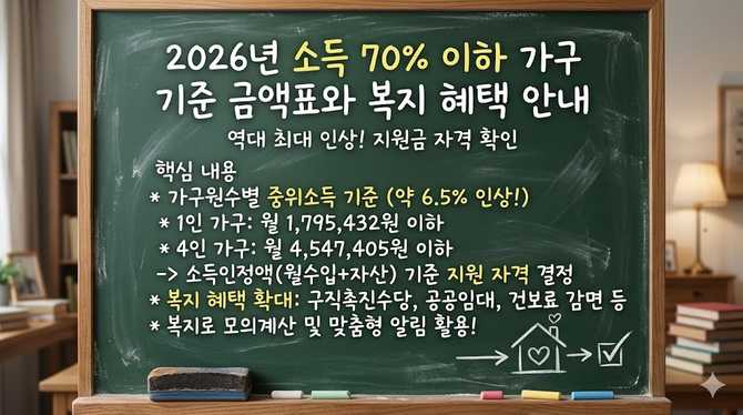 2026년 소득 70% 이하 가구 기준 금액표와 복지 혜택 안내