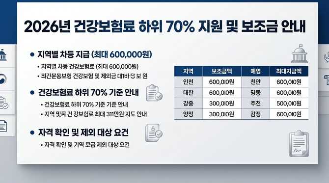 2026년 건강보험료 하위 70% 기준과 지역별 지원금 상세 안내