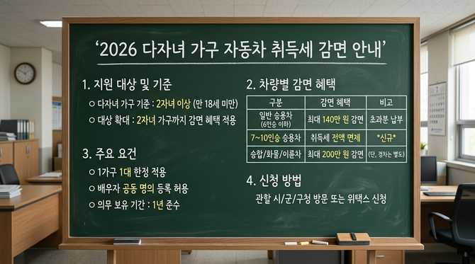 2026년 다자녀가구 자동차 취득세 감면 정책과 혜택 총정리