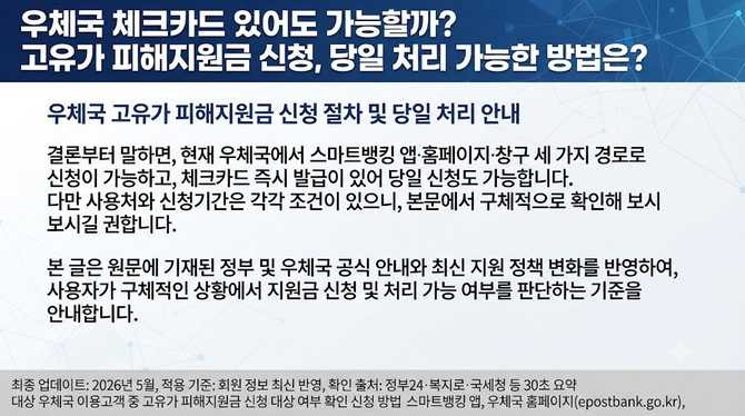 우체국 체크카드 있어도 가능할까? 고유가 피해지원금 신청, 당일 처리 가능한 방법은?